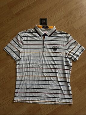 Paul & Shark White Striped Polo with Navy, Red and Yellow Accents